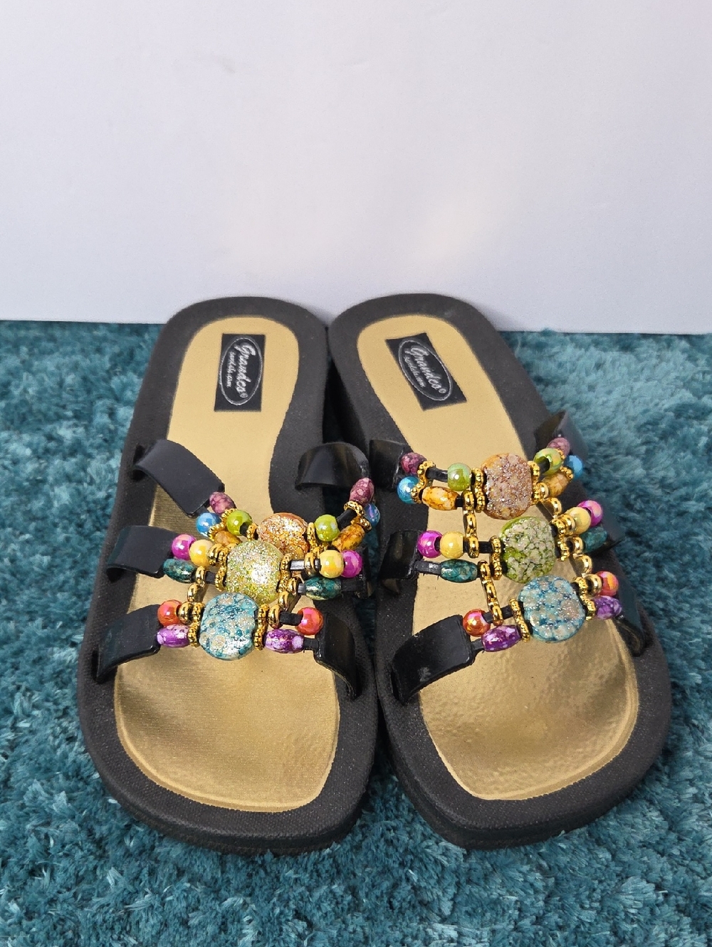 Grandco Womens Black Beaded Slide Sandals - Multicolor Accents Size 9